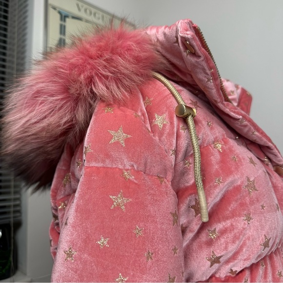 JOCELYN Eye Candy Velvet Puffer Coat | Fox Fur Gold Stars Medium Barbie Pink - Picture 9 of 15